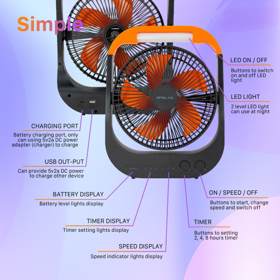 Opolar Rechargeable Desk Fan With LED Light | 20000mAh 8 inches