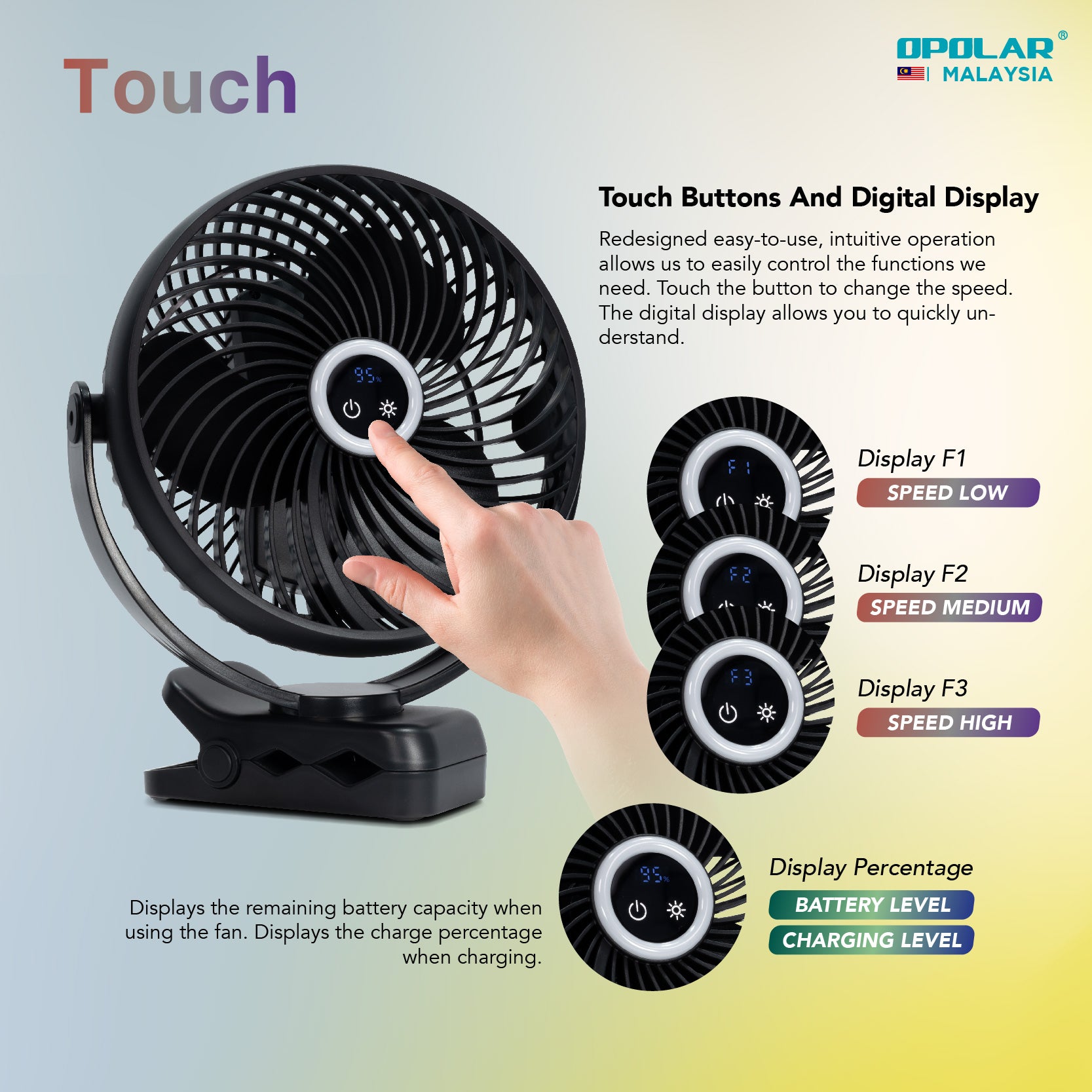 OPOLAR Rechargeable Portable Light Clip Fan Speed Hook and Clip Design | 10000mAh 8 inches