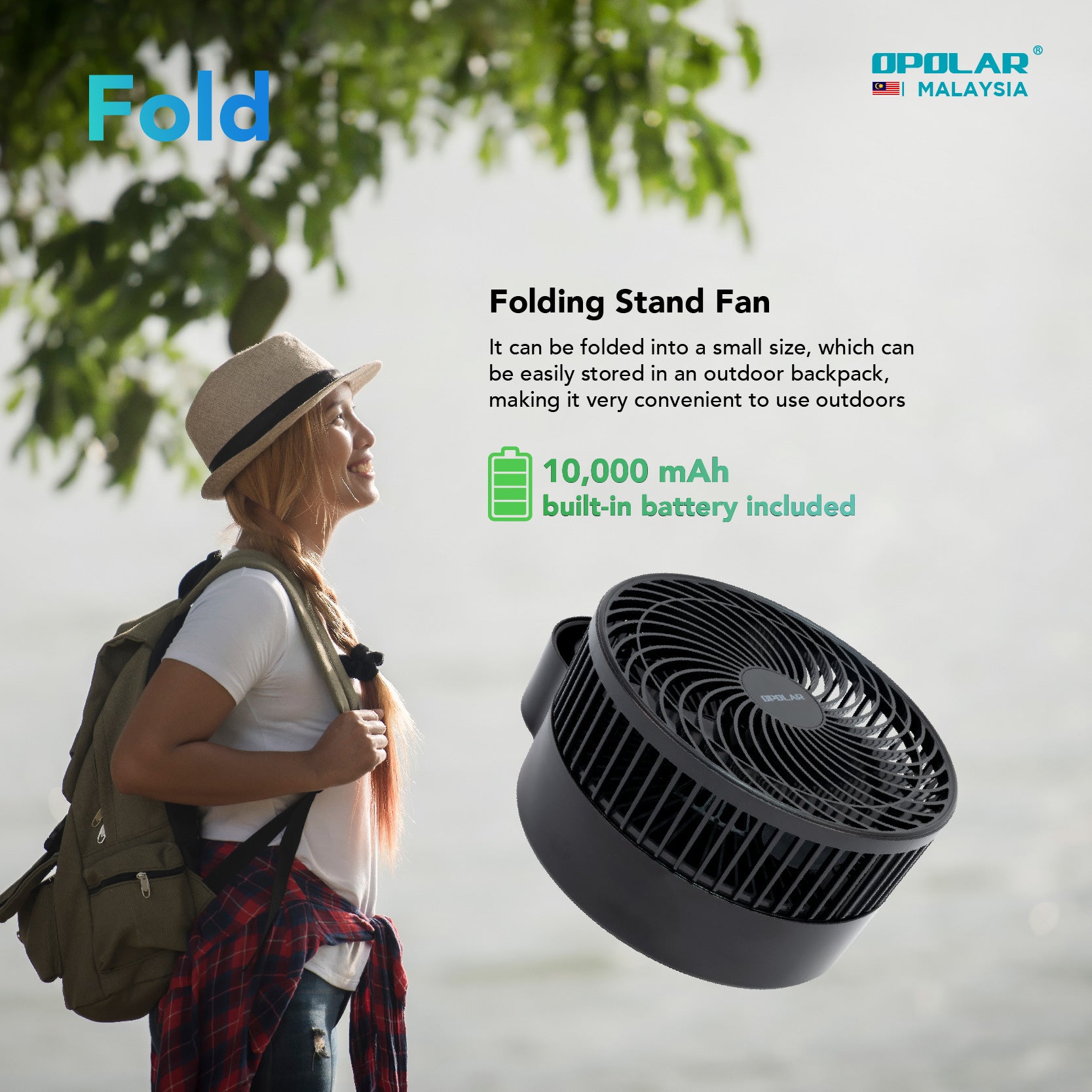 OPOLAR Oscillating Foldaway Fan With Adjustable Height | 10000mAh 8 inches