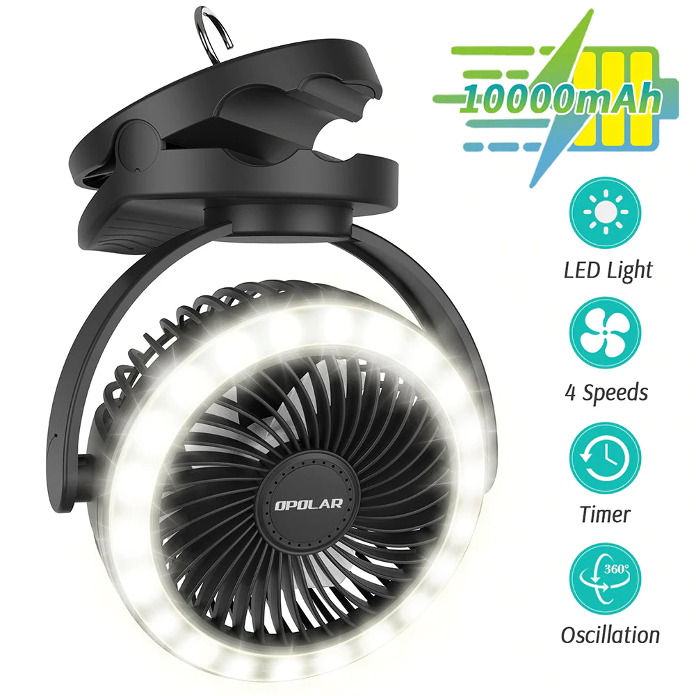 OPOLAR Camping Clip On Fan With Lights & Hook | 10000mAh 6 inches